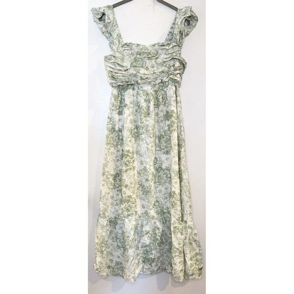 Blu Pepper Dresses & Skirts - Blu Pepper Green Floral Smocked Ruffle Strap Square Neck Midi Dress Cottage L